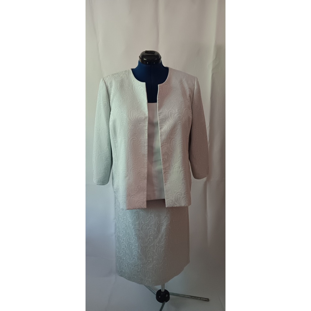 Nipon Boutique 3 Piece Skirt Suit Lemon Green Jacquard Swirl Womens 18 KS0323